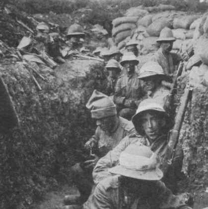 Soldiers in the First World War showing trench conditions.
